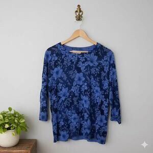 C.D. Petites Women’s XL Petite Blue Floral Rhinestone Lightweight Sweater